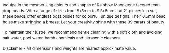 Text describing the product details of the Rainbow moonstone natural gemstone beads, as seen on the Australian owned Melbourne Gemstone Beads shop.