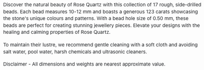 Text describing the product details of the Rose Quartz Rough 10mm-to-12mm natural gemstone beads ,as seen on the Australian owned Melbourne Gemstone Beads shop.
