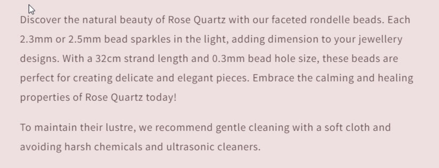 Text description of Rose Quartz beads with product details on a light gray background