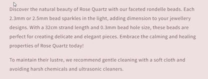 Text description of Rose Quartz beads with product details on a light gray background