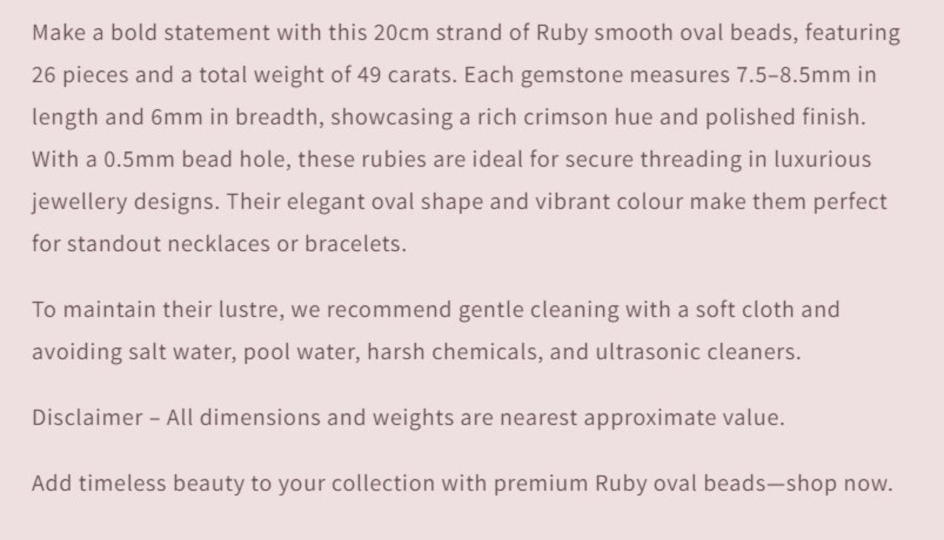 Text describing the product details of the gemstone beads , as seen on the Australian owned Melbourne Gemstone Beads shop.
