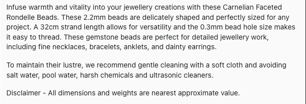 Text describing the product details of the Shaded Carnelian natural gemstone 2.2mm beads,as seen on the Australian owned Melbourne Gemstone Beads shop.