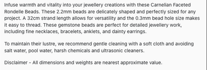 Text describing the product details of the Shaded Carnelian natural gemstone 2.2mm beads,as seen on the Australian owned Melbourne Gemstone Beads shop.