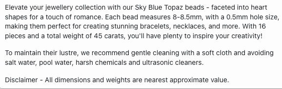 Text describing the product details of the sky blue topaz natural gemstone beads, as seen on the Australian owned Melbourne Gemstone Beads shop.