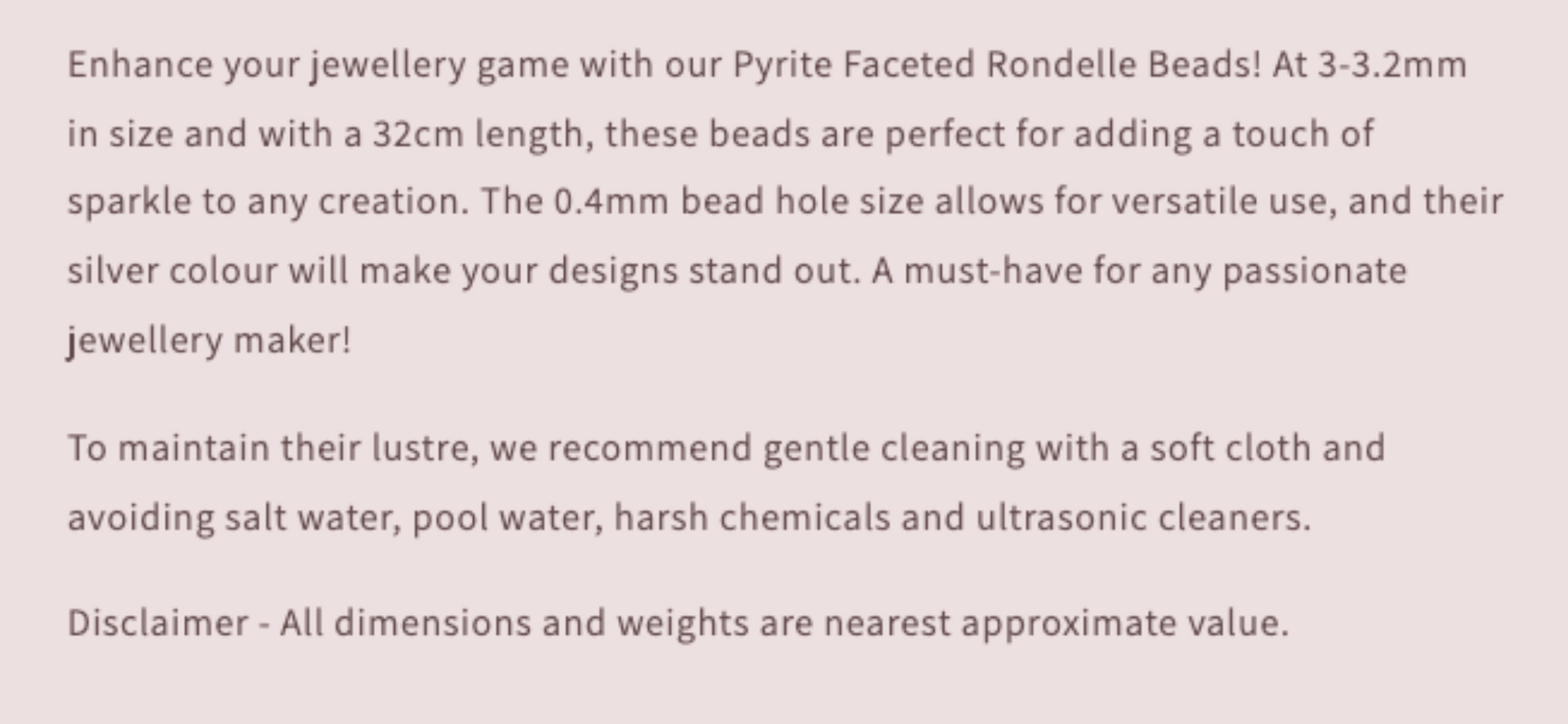 Product description text for Pyrite Faceted Rondelle Beads on a pink background
