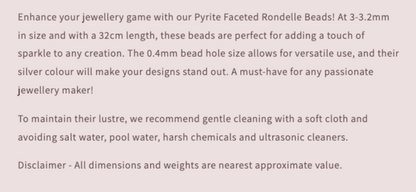 Product description text for Pyrite Faceted Rondelle Beads on a pink background