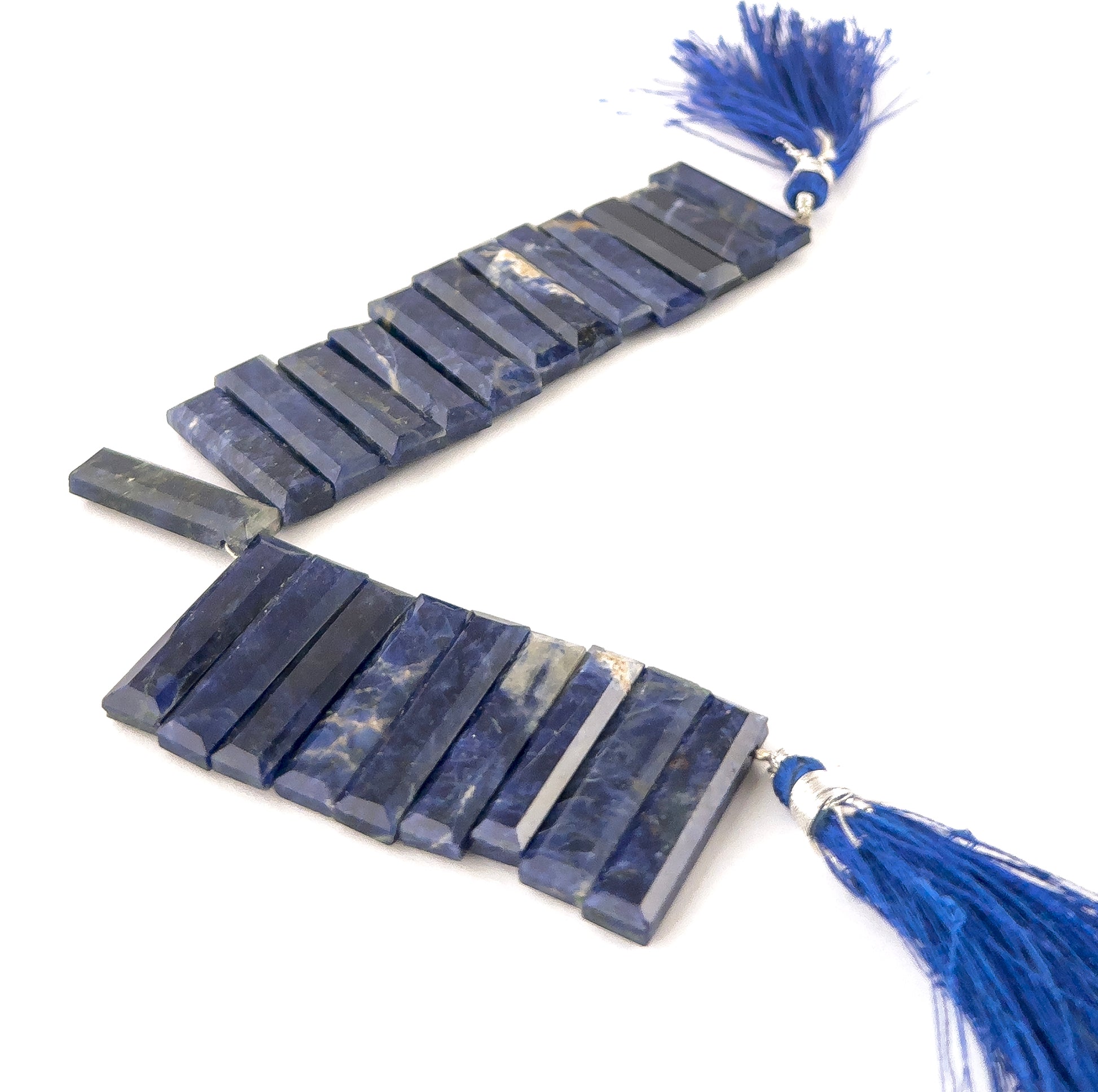 Sodalite rectangle gemstones sized 6.5–7.5mm, arranged in a polished 15cm strand with uniform shaping.