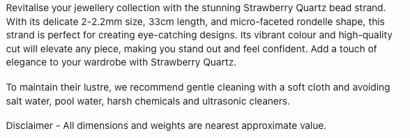 Text describing the product details of the Strawberry Quartz 2-2.2mm gemstone semi-precious beads , as seen on the Australian owned Melbourne Gemstone Beads shop.