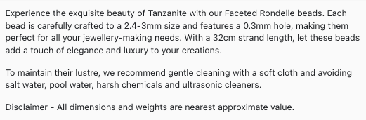 Text describing the product details of the Tanzanite Faceted Rondelle, 2.4mm-3mm, natural gemstone  semi precious beads , as seen on the Australian owned Melbourne Gemstone Beads shop.