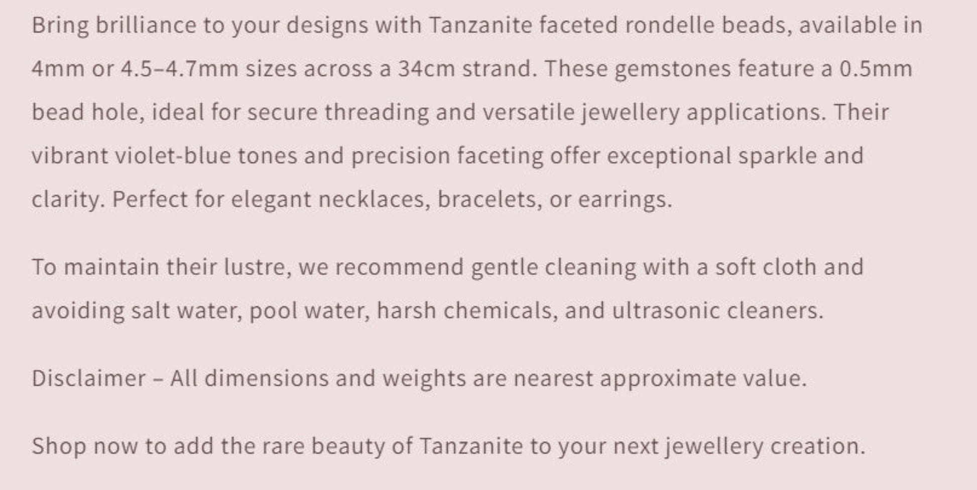 Text description of Tanzanite faceted rondelle beads with product details and care instructions.