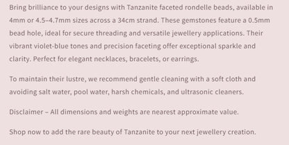 Text description of Tanzanite faceted rondelle beads with product details and care instructions.