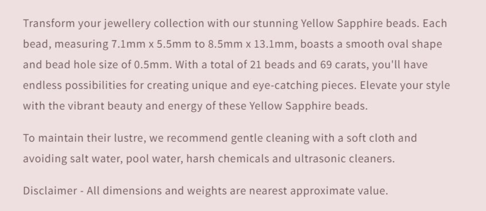 Text description of yellow sapphire beads with product details on a light pink background