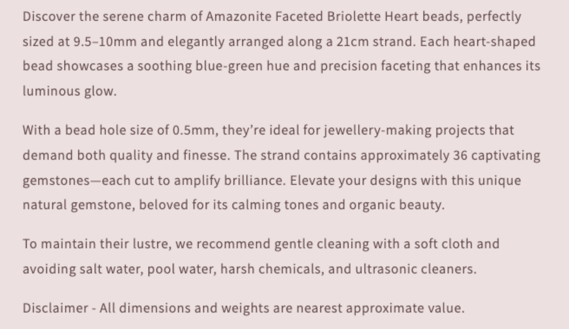 Text describing the product details of the gemstone beads , as seen on the Australian owned Melbourne Gemstone Beads shop.