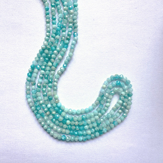 Close-up of Amazonite rondelle beads with faceted cut and soft green-blue colour on a 32cm strand.