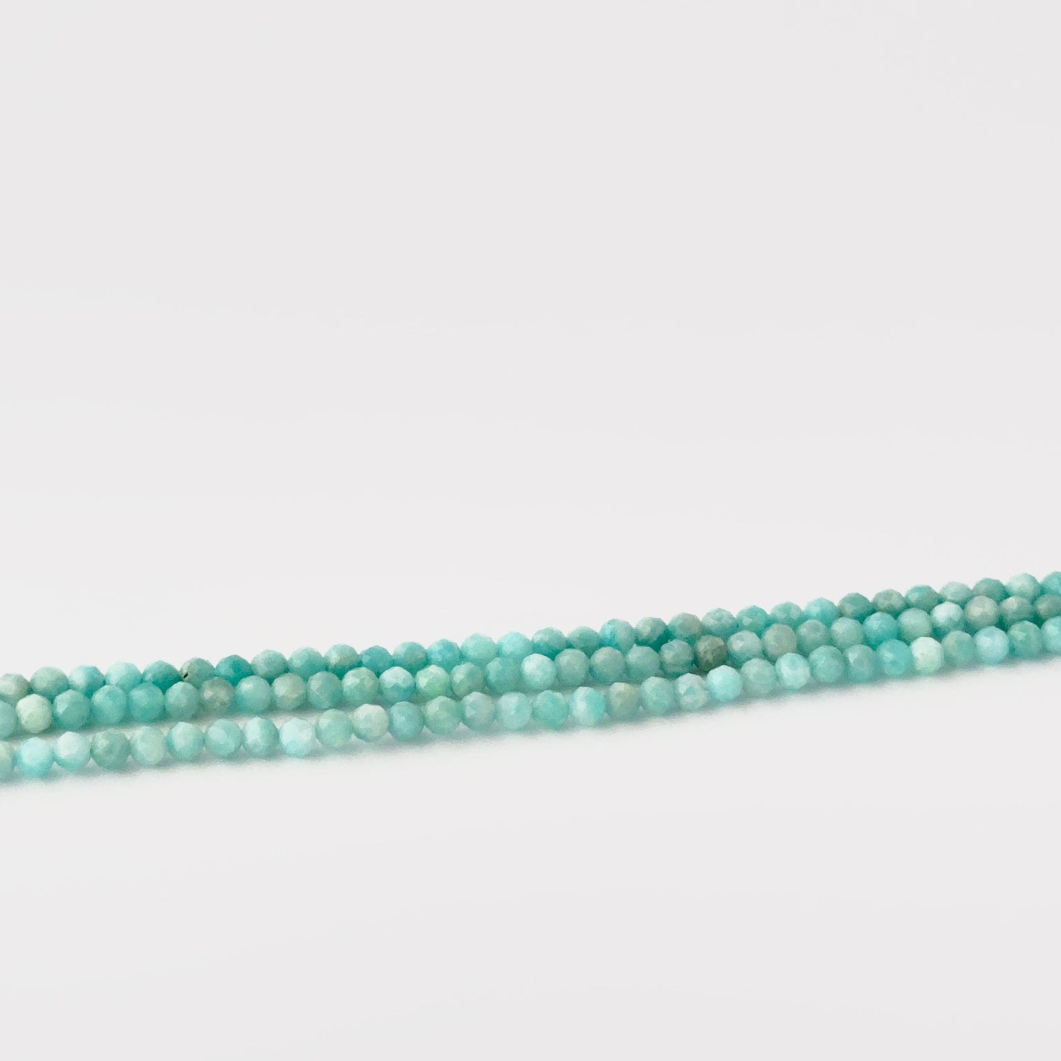 faceted rondelle beads Amazonite gemstone beads 3.4–3.5mm, arranged on a 31cm strand.