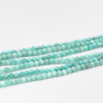 Close up of Amazonite stone beads, 3.4–3.5mm faceted rondelles on a 31cm strand, ideal for jewellery designers