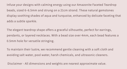 Text description of Amazonite Faceted Teardrop beads with product details and care instructions.
