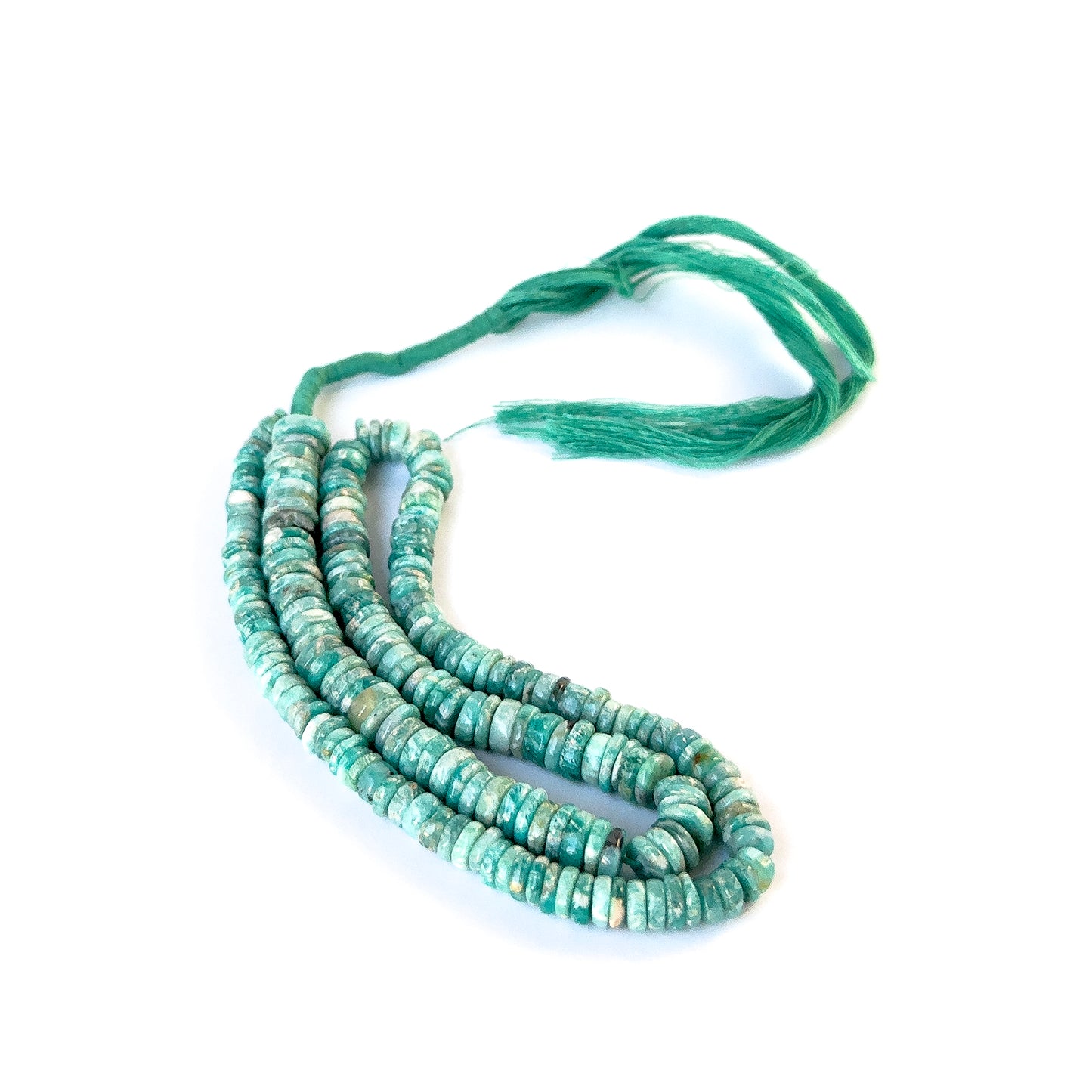 Amazonite smooth wheel beads with calming blue‑green tones and clean, consistent shaping for quality jewellery.