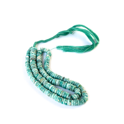 Amazonite smooth wheel beads with calming blue‑green tones and clean, consistent shaping for quality jewellery.