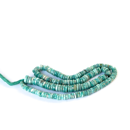 Amazonite stone beads in smooth wheel cut, showcasing soft colour variations and a polished surface.