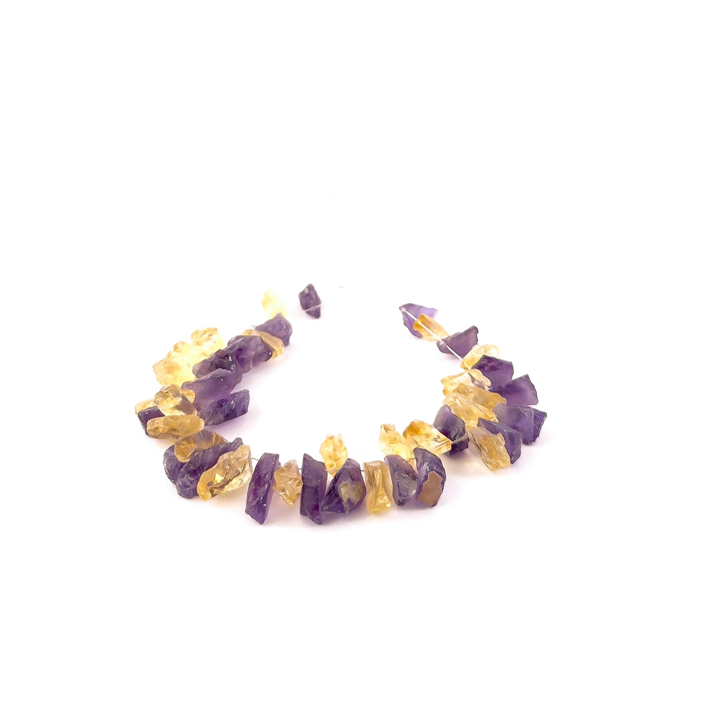Amethyst and Citrine drilled rough beads sized 6–8mm, a 43‑piece strand totalling 172 carats with natural raw texture.