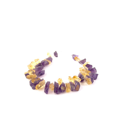 Amethyst and Citrine drilled rough beads sized 6–8mm, a 43‑piece strand totalling 172 carats with natural raw texture.