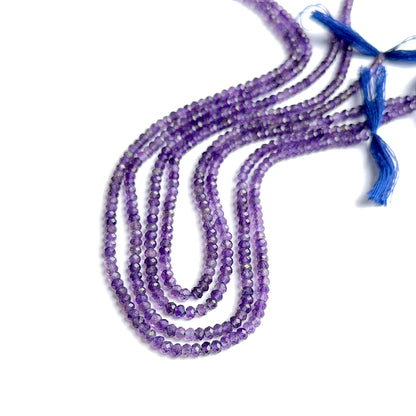 Natural gemstone beads in amethyst with a sparkling faceted rondelle cut, arranged in a consistent 3.7mm strand.