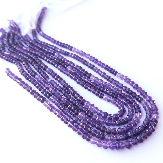 Amethyst faceted rondelle gemstone beads 4.5–5mm arranged in a sparkling 34cm strand for handmade jewellery.