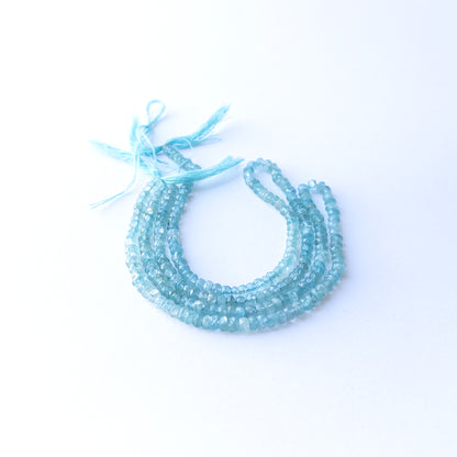 Apatite faceted rondelle beads in 4.3mm size on a 32cm strand, showcasing bright blue sparkle for handmade jewellery.