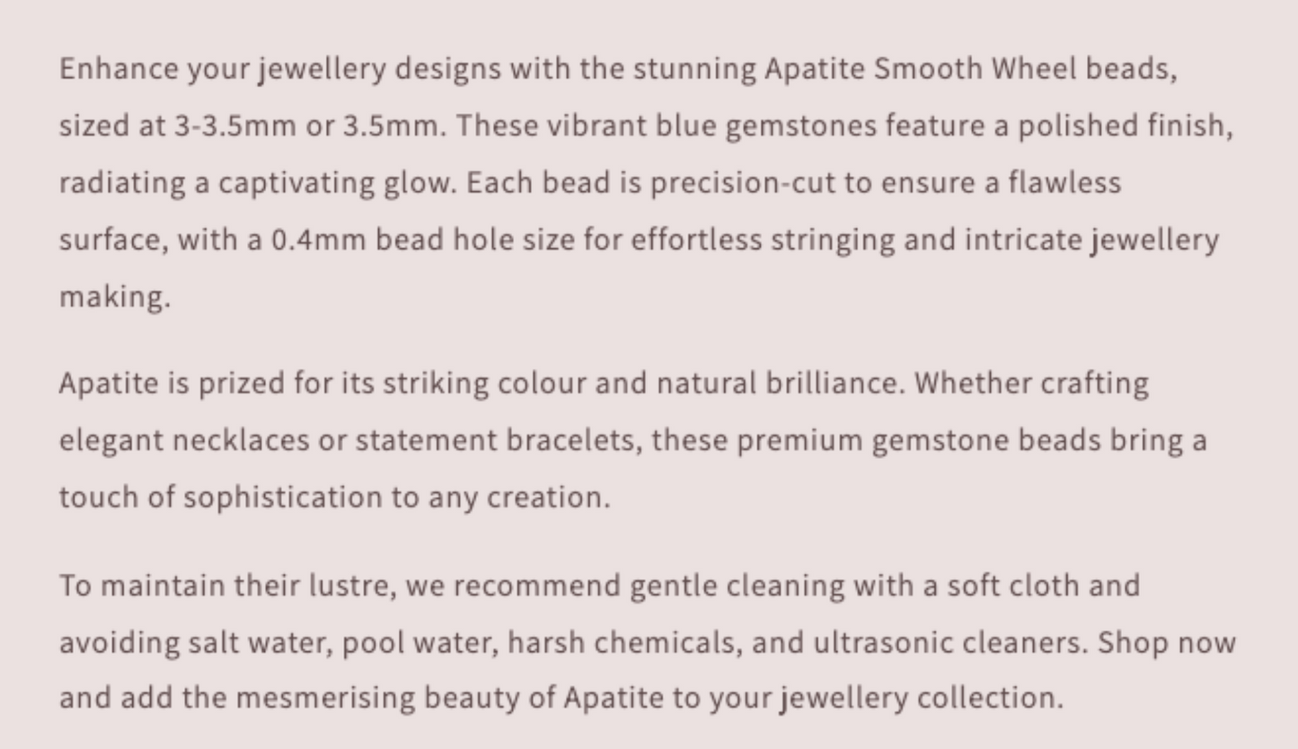 Text description of Apatite Smooth Wheel beads with product details.