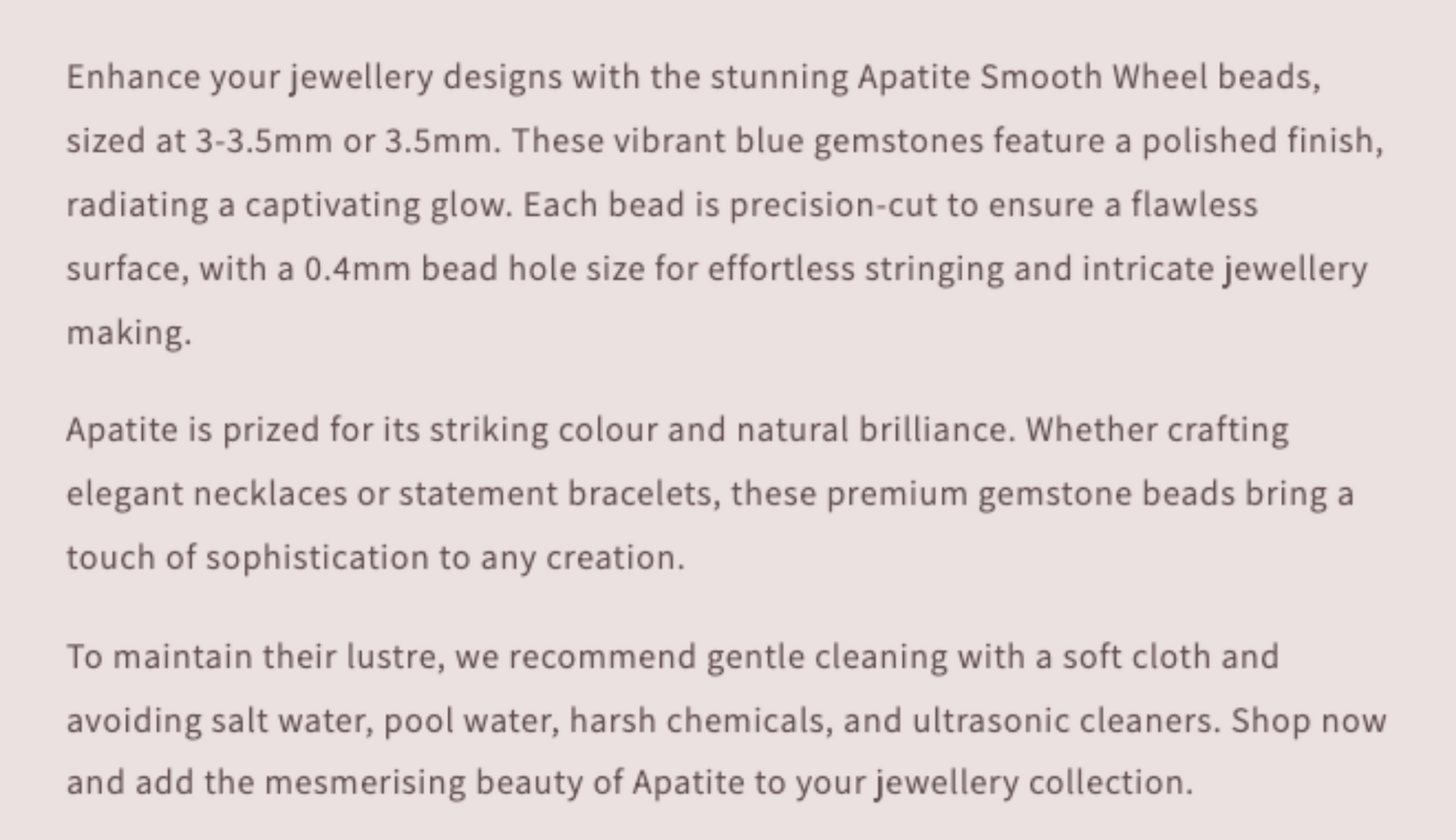 Text description of Apatite Smooth Wheel beads with product details.
