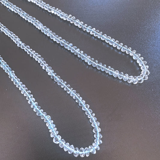 Aquamarine faceted rondelle beads in 4.5mm and 4.7-5mm sizes, 33cm strand with icy blue tones and polished sparkle.