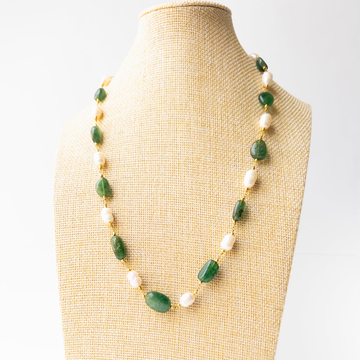 Authentic Beryl stone necklace accented with Freshwater Pearls, creating a sophisticated and beautifully balanced jewellery design.