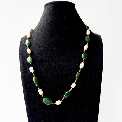 Genuine Beryl gemstone jewellery showcasing polished smooth tumble beads and radiant Freshwater Pearl highlights.