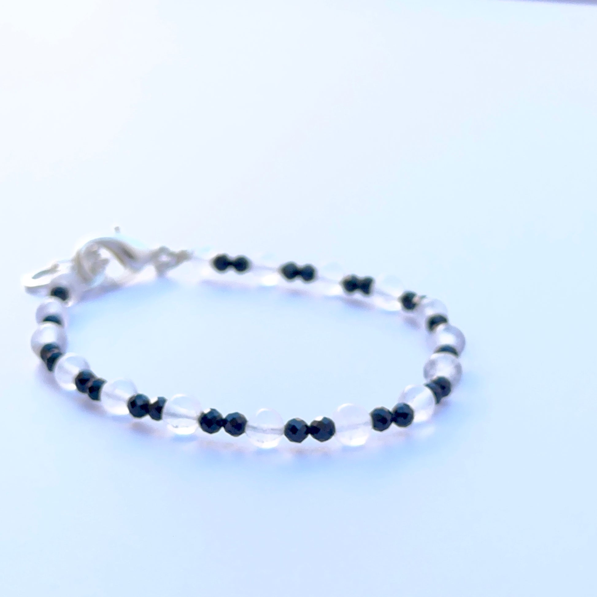 Close‑up of black spinel and crystal beads highlighting their polished finish and bright reflective sparkle.
