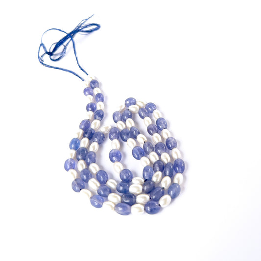 Genuine Blue Quartz and Shell Pearl oval beads in 6–7.5mm sizes, ideal for DIY gemstone jewellery making.