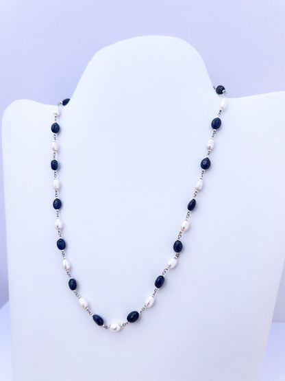 Natural gemstone beads in a Blue Sapphire and Pearls necklace with 47cm strand and balanced colour contrast.