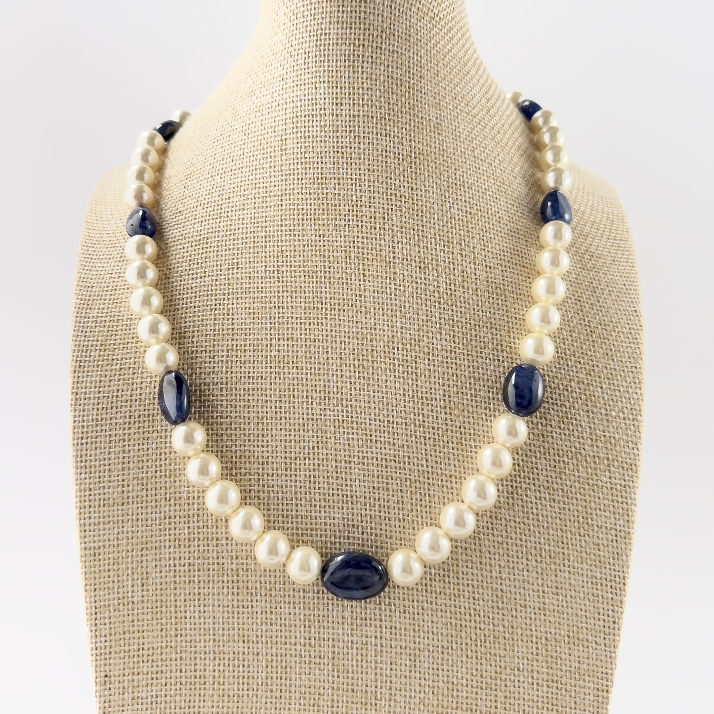 Blue Sapphire and Freshwater Pearls necklace featuring smooth round beads with deep blue tones and soft pearl lustre for elegant jewellery.