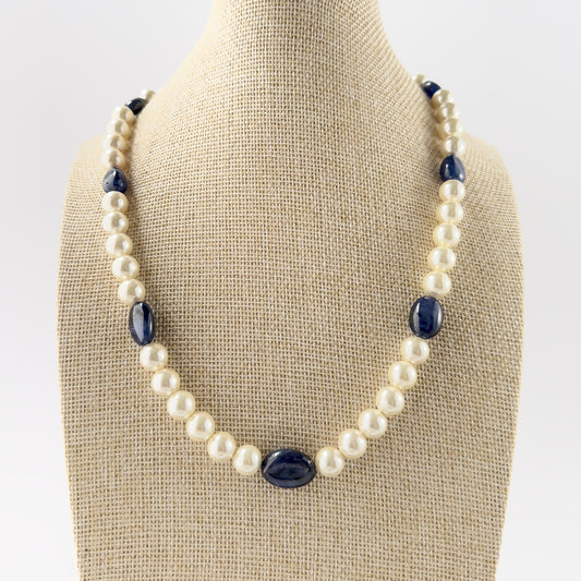 Blue Sapphire and Freshwater Pearls necklace featuring smooth round beads with deep blue tones and soft pearl lustre for elegant jewellery.