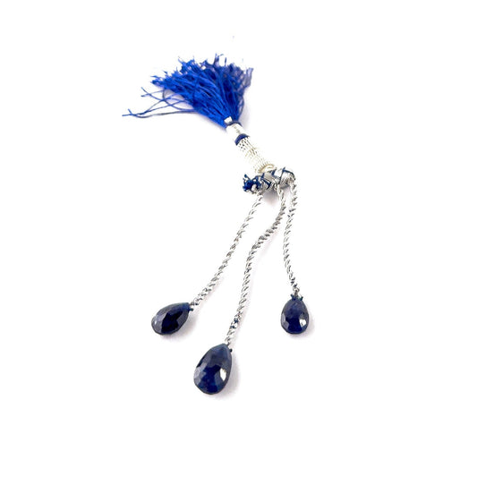 Blue Sapphire faceted briolette beads sized 7–8mm, a 3‑piece set totalling 25 carats with deep blue sparkle.