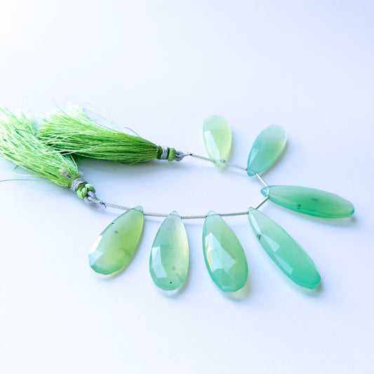 Chalcedony faceted briolette beads in Length 35–39mm, Breadth 12.2–13.7mm, showcasing genuine gemstone shine for handmade jewellery.