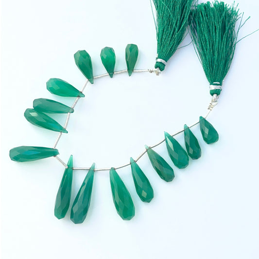 Green Chalcedony 15–31mm teardrop beads displaying natural glow and handmade jewellery components.