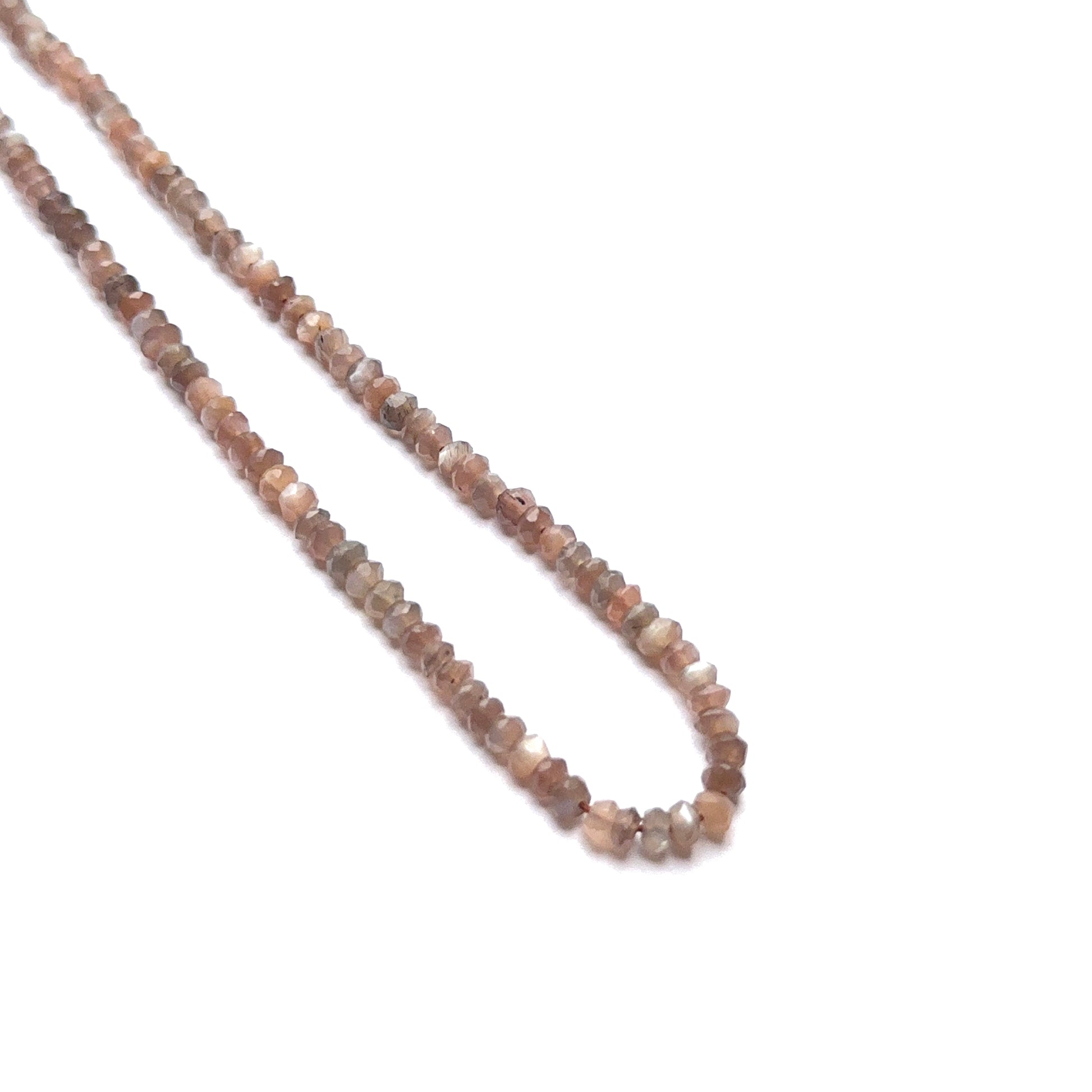 Chocolate Moonstone 3.8–4mm faceted rondelle beads arranged on a strand, showing crisp faceting and earthy brown tones.
