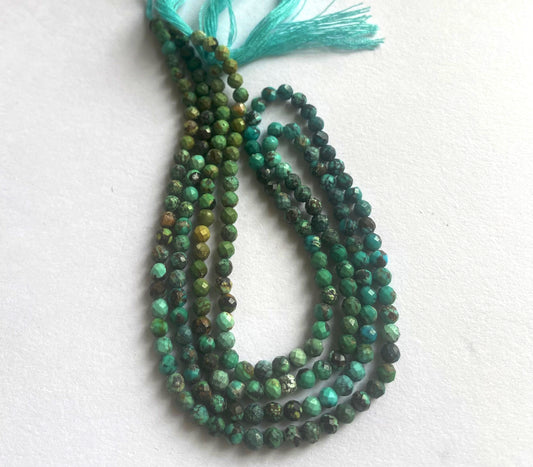 Chrysocolla rondelle beads in 3.5mm size with faceted finish and striking blue-green colour tones.