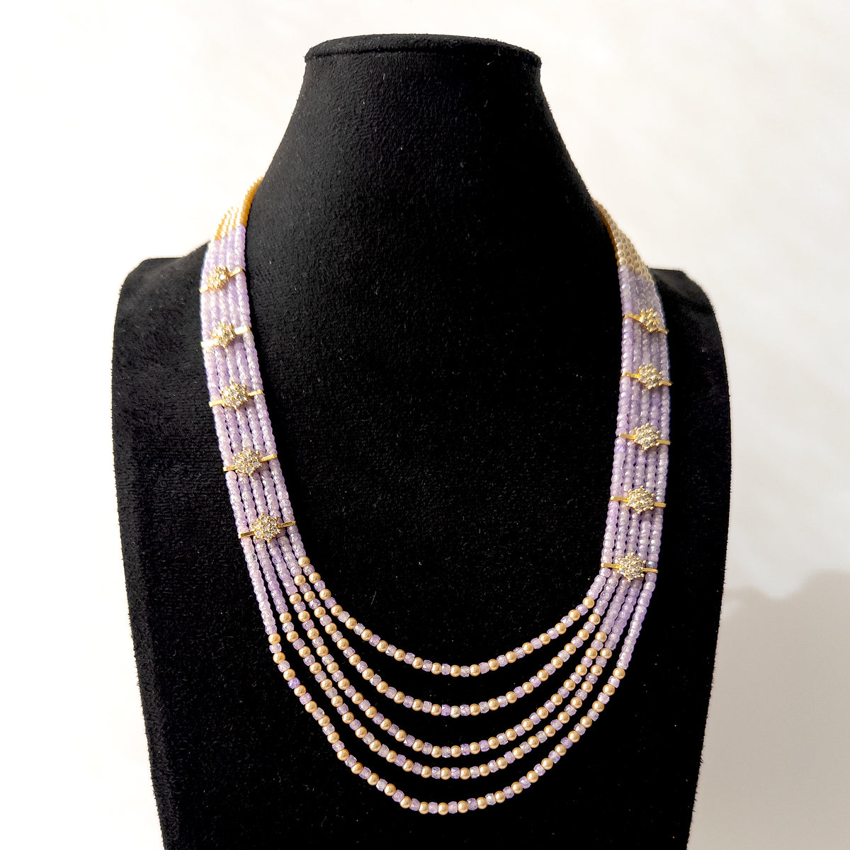five strand cubic zirconia necklace with faceted rondelle beads showing bright sparkle.