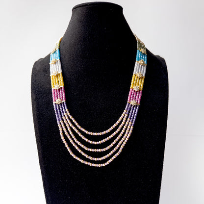 Five strand Cubic Zirconia and Shell Pearl necklace with cascading layers that add elegance and graceful movement.