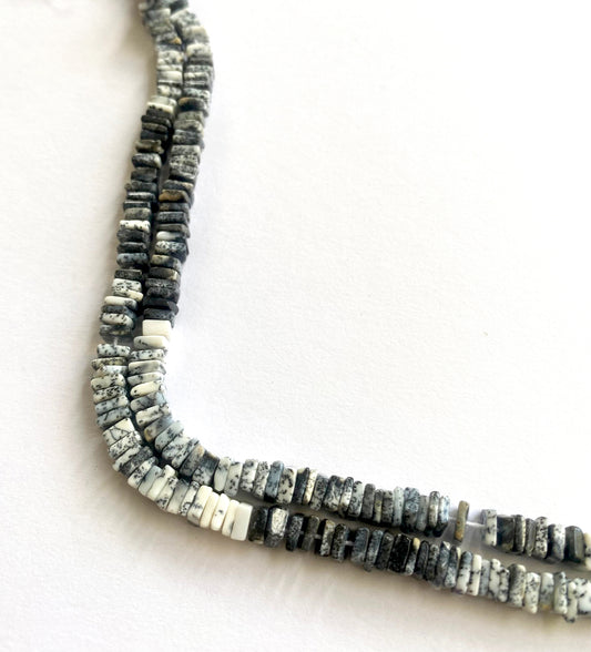 Square Heishi Dendrite Opal beads in neutral shades with smooth polish and detailed inclusions.