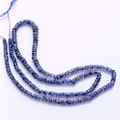 Blue Sapphire faceted rondelle 3–4mm beads on a 43cm strand showing deep royal blue sparkle for jewellery making.
