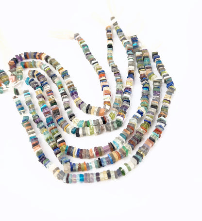 Disco heishi beads featuring smooth edges, uniform thickness, and consistent 4–4.5mm sizing.