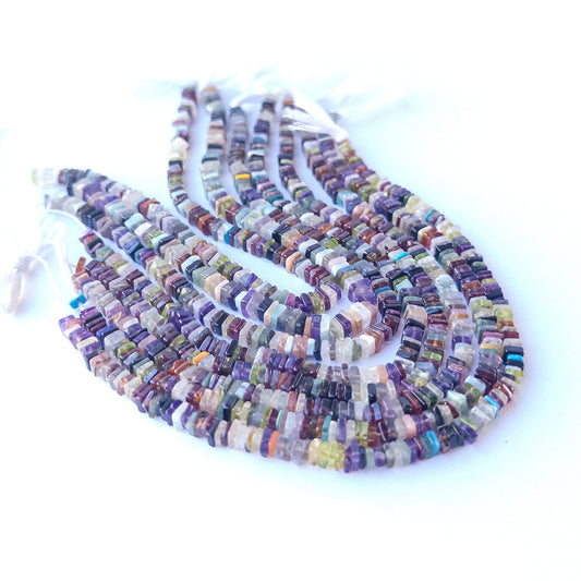 Disco square heishi gemstone beads 4–5mm arranged in a colourful 20cm strand for handmade jewellery.